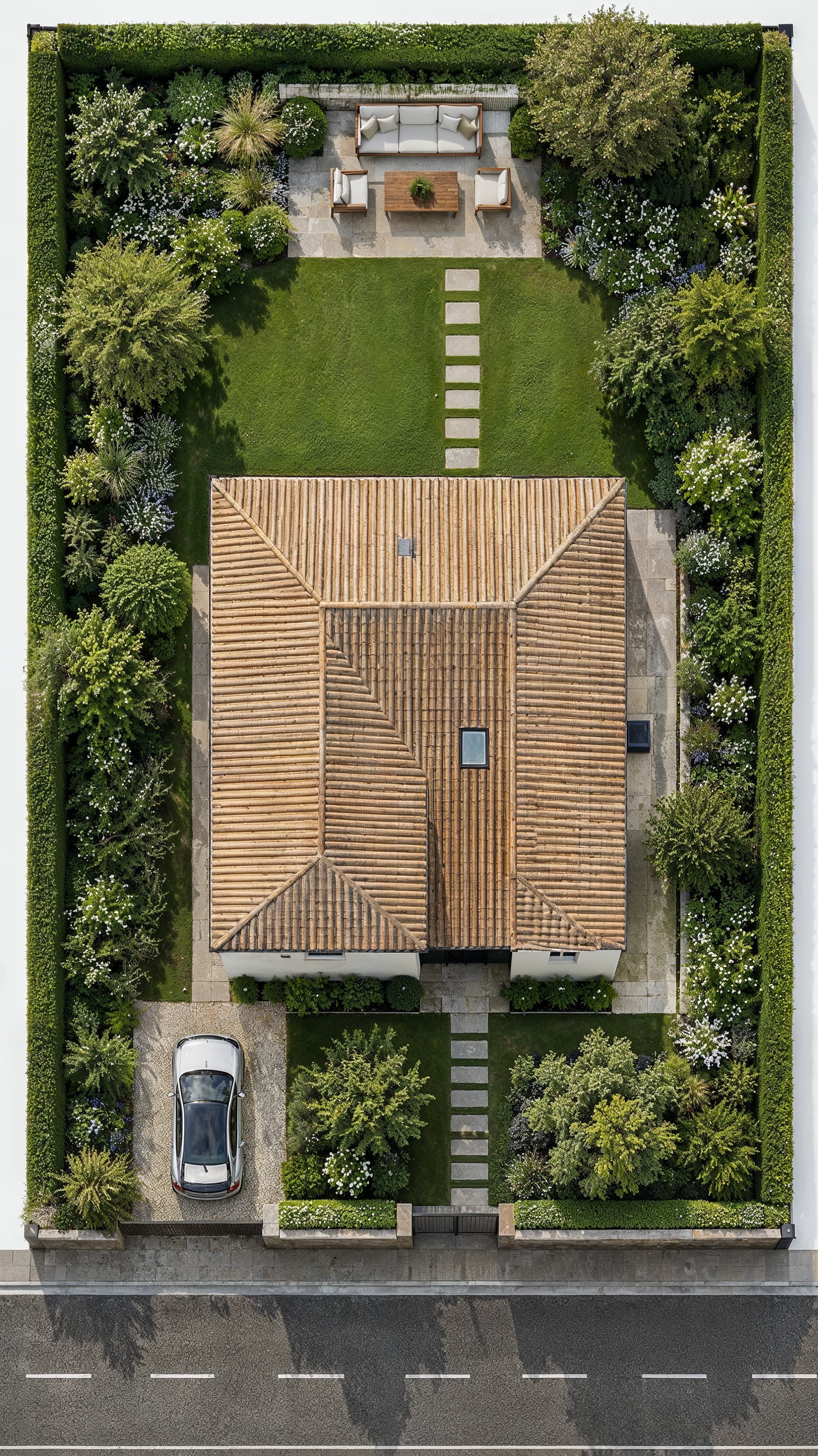 Vue aérienne d'une parcelle avec la terrasse implantée à l'arrière de la maison, à l'opposé de la rue