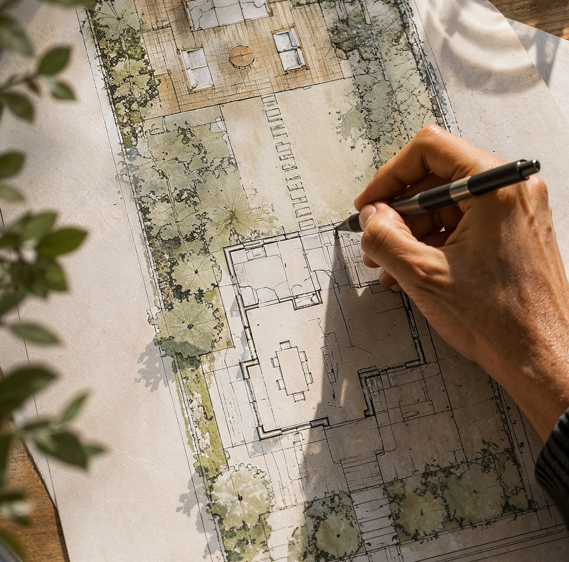 Plan d'aménagement dessiné à la main, en cours d'annotation
