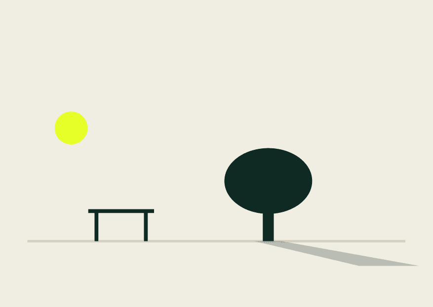 Schéma d'une table et d'un arbre le matin, soleil bas à gauche, l'ombre de l'arbre s'étire à l'opposé de la table qui reste en plein soleil