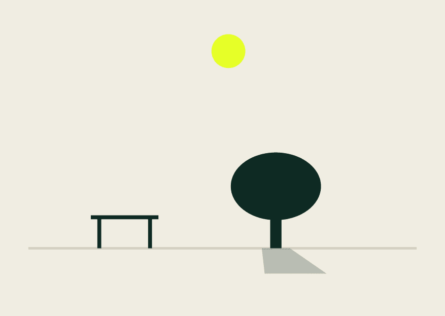 Le même schéma au cœur de l'après-midi, soleil au zénith, l'ombre de l'arbre est réduite à sa base et la table reste en plein soleil