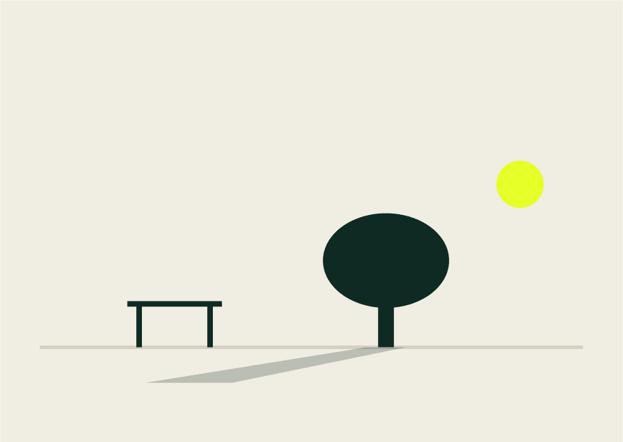 Le même schéma en fin de journée, soleil bas à droite, l'ombre de l'arbre s'allonge jusqu'à recouvrir la table