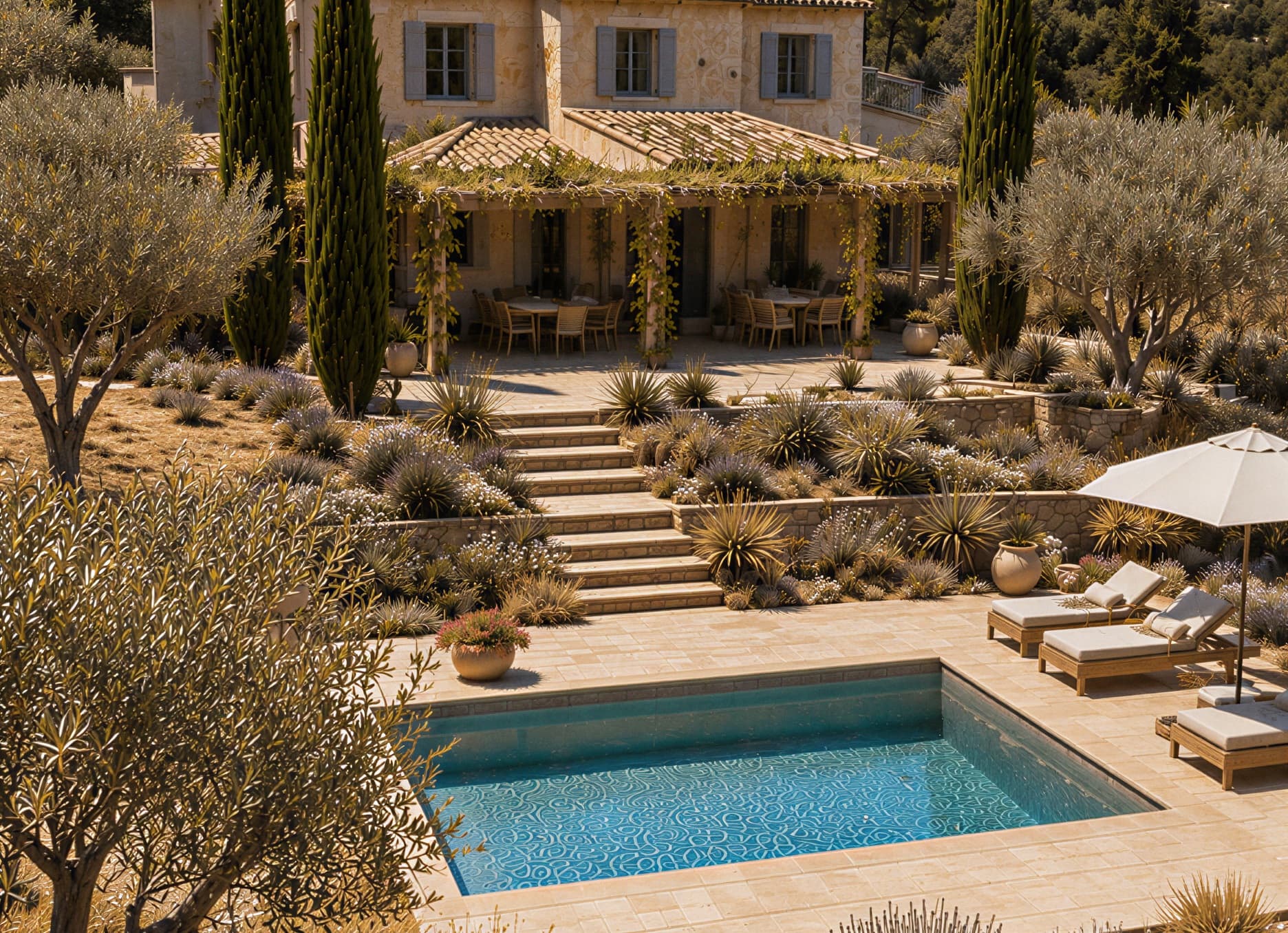 Bastide en pierre avec piscine, terrasses en restanques, oliviers et plantations résistantes à la sécheresse