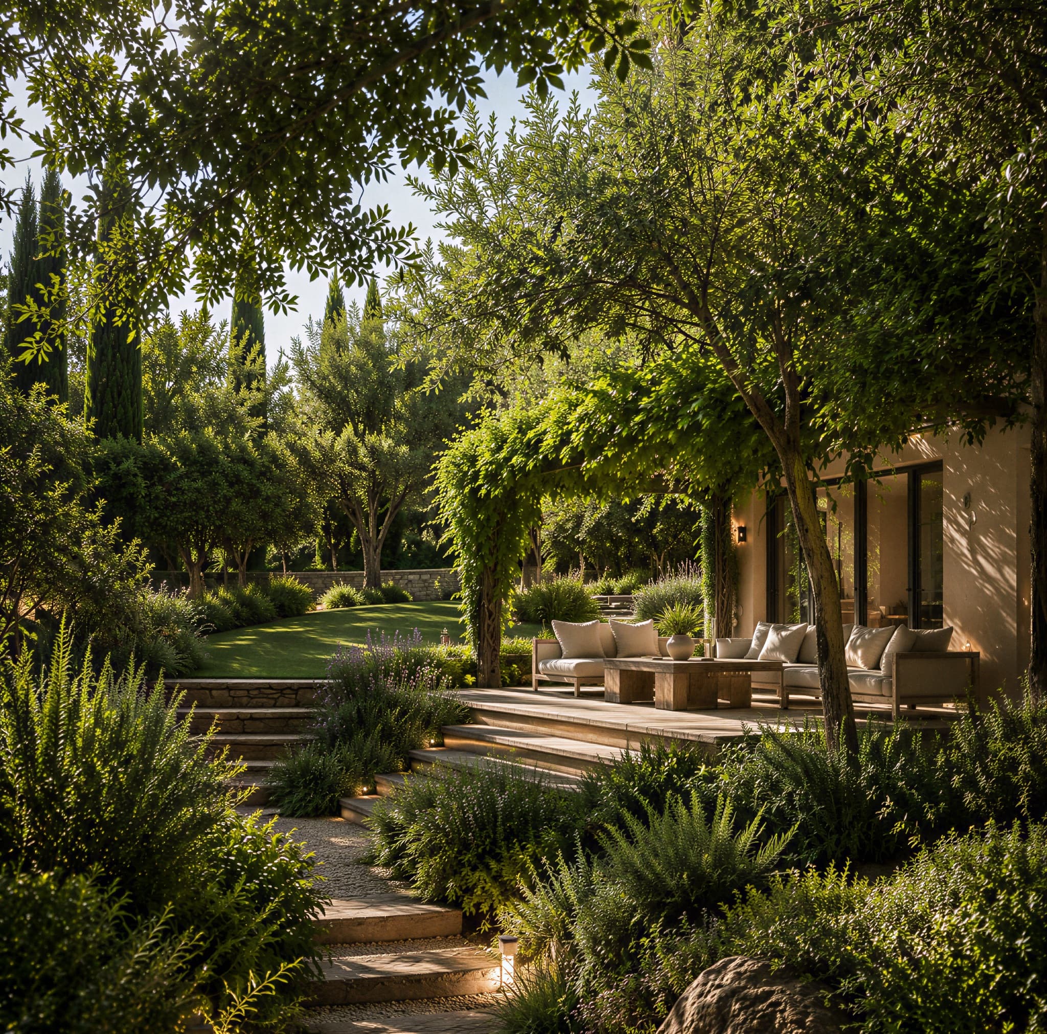 Arbres à canopée large ombrageant un salon extérieur et un escalier en pierre