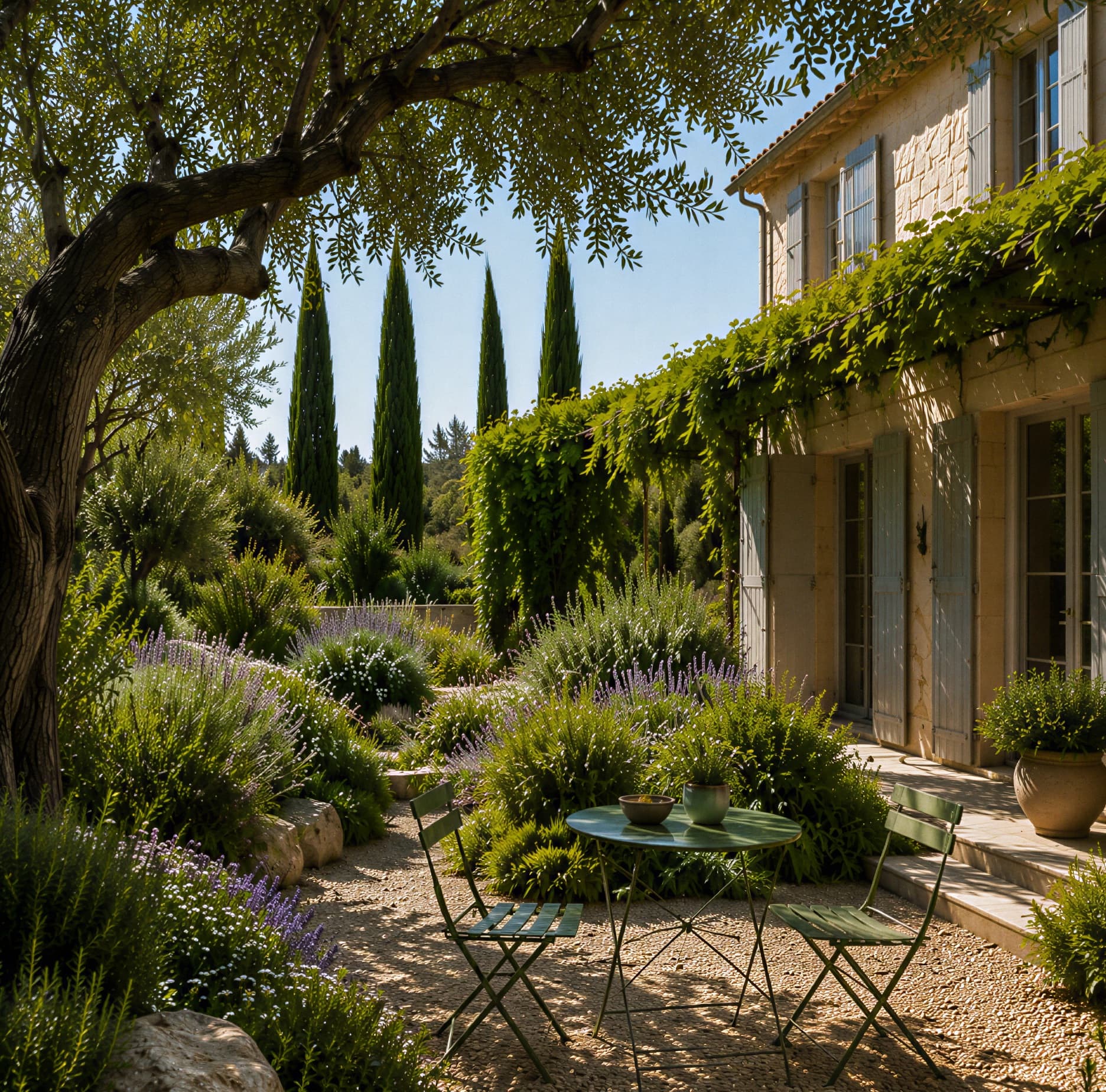 Table de jardin posée sur gravier clair, entourée de massifs denses de lavandes sous un grand arbre