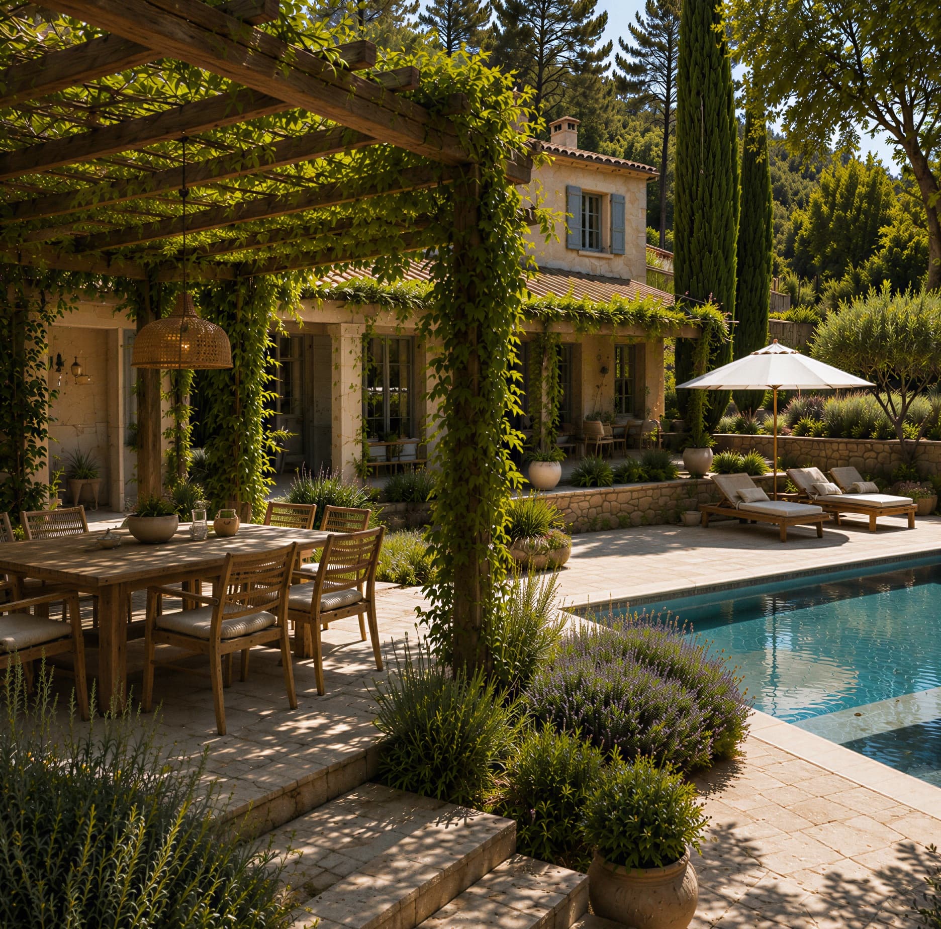 Pergola végétalisée abritant une table à manger, en bordure d'une piscine et de massifs de lavande