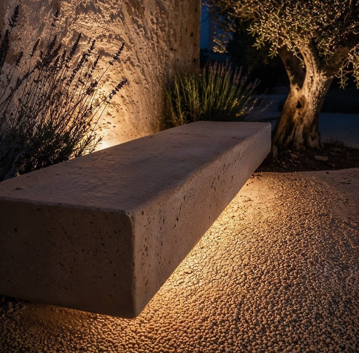 Banc monolithe en pierre éclairé par une source basse cachée sous son rebord, lavandes et olivier en arrière-plan dans un jardin méditerranéen de nuit