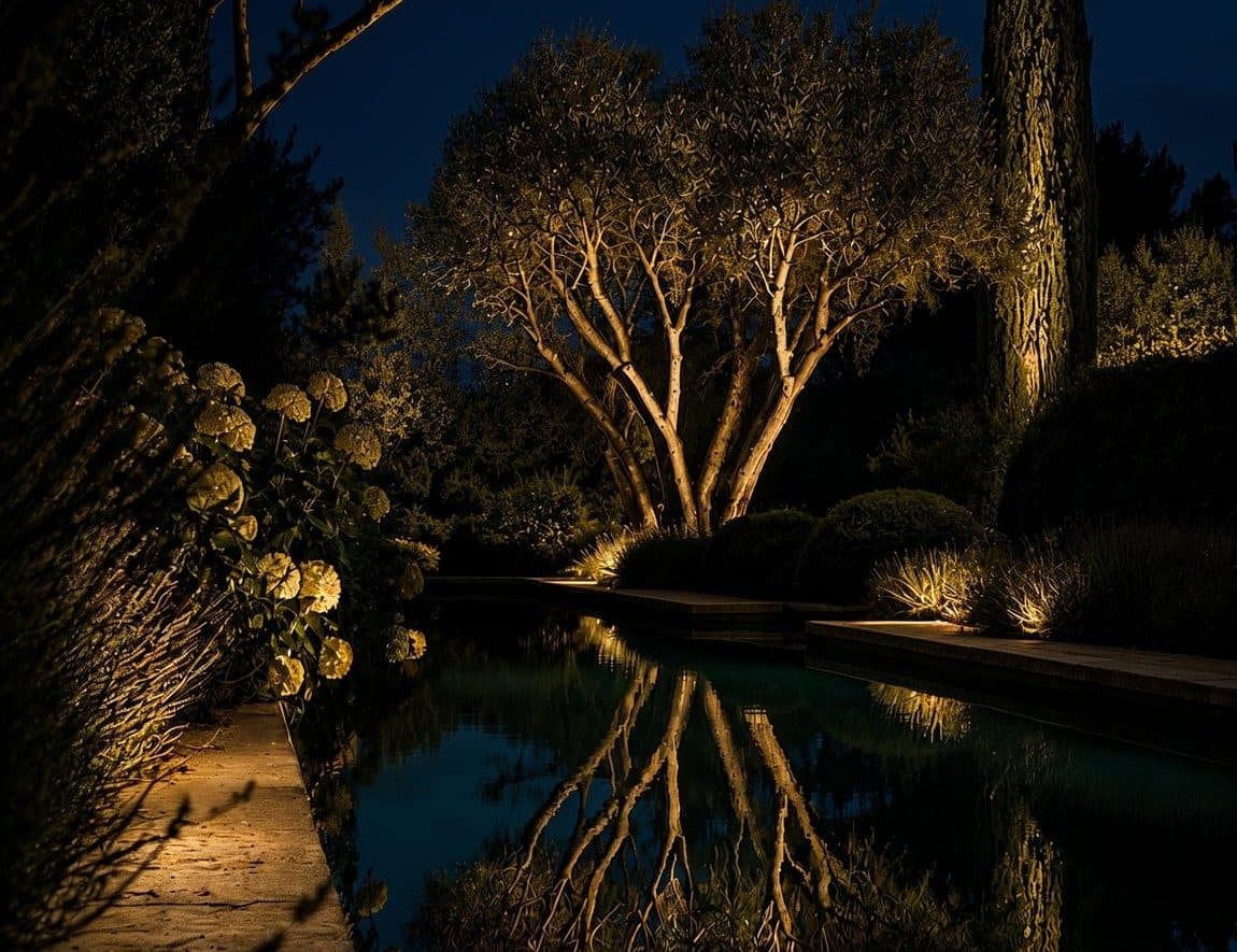 Bassin miroir de nuit reflétant deux arbres éclairés par le pied, massifs et cyprès laissés dans l'ombre autour