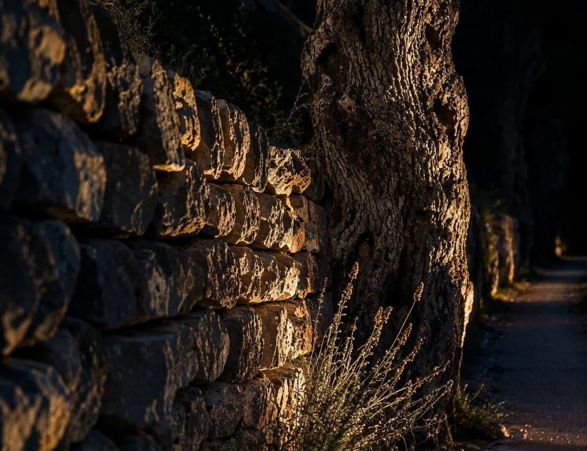 Mur en pierre sèche éclairé en lumière rasante depuis le pied, chaque pierre et chaque joint dessinés par les ombres portées