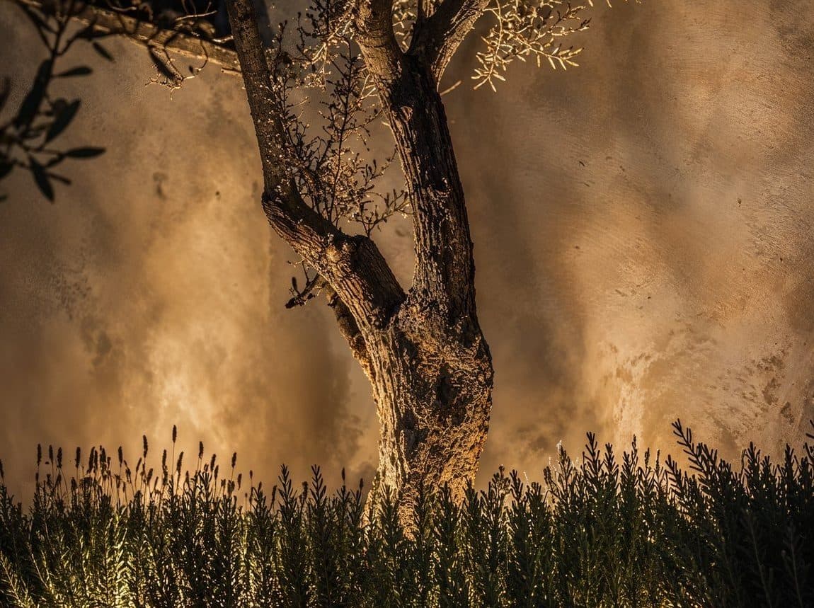 Arbre et graminées devant un mur ocre éclairés de nuit, la source lumineuse reste invisible dans le champ de vision