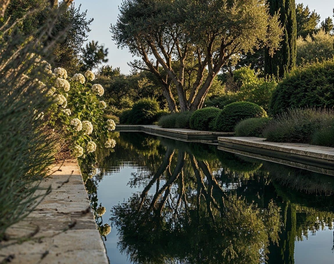 Le même bassin de jour, hortensias, buis taillés et pins en arrière-plan, la scène diurne qui sert de base au repérage nocturne