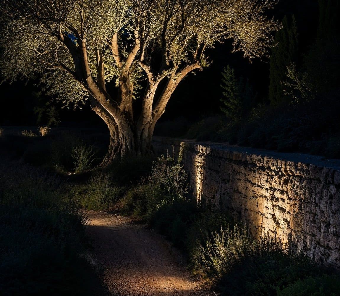 Grand arbre isolé et muret de pierre éclairés séparément le long d'un chemin, le reste du jardin laissé dans le noir