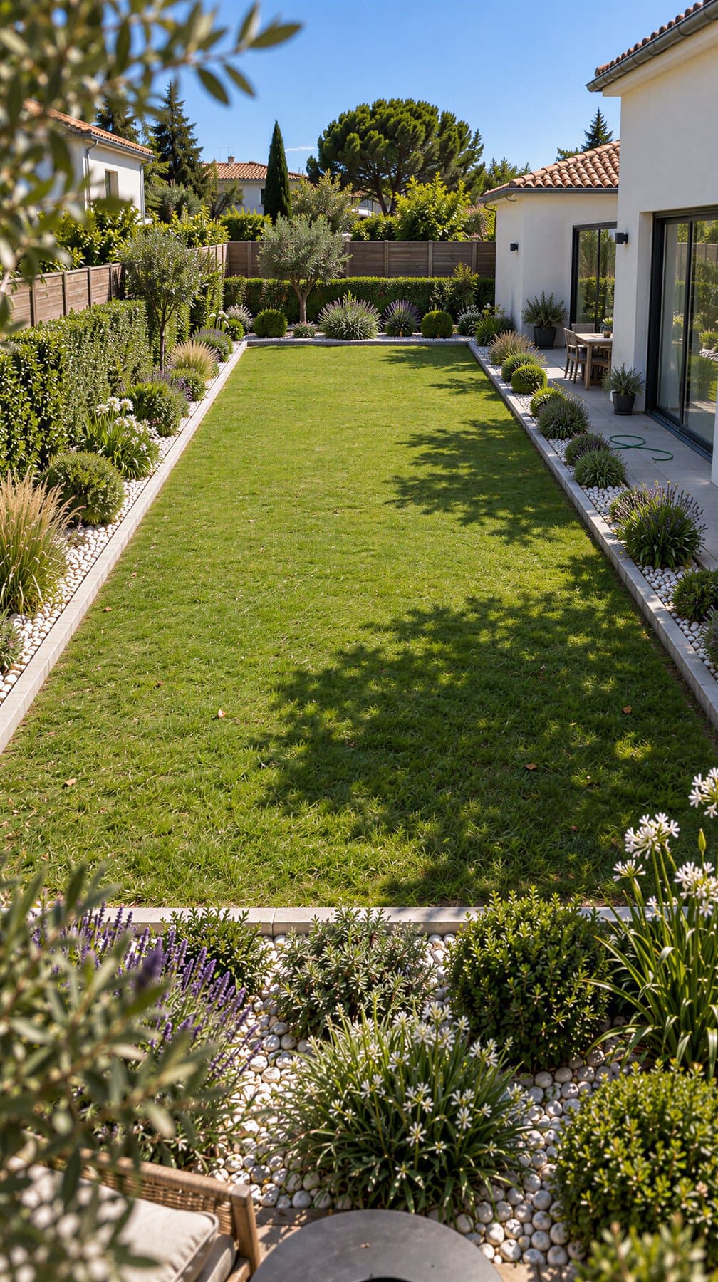 Jardin de ville vu depuis la terrasse, avec une pelouse rectangulaire bordée d'une bande de galets blancs et d'une haie taillée de hauteur constante