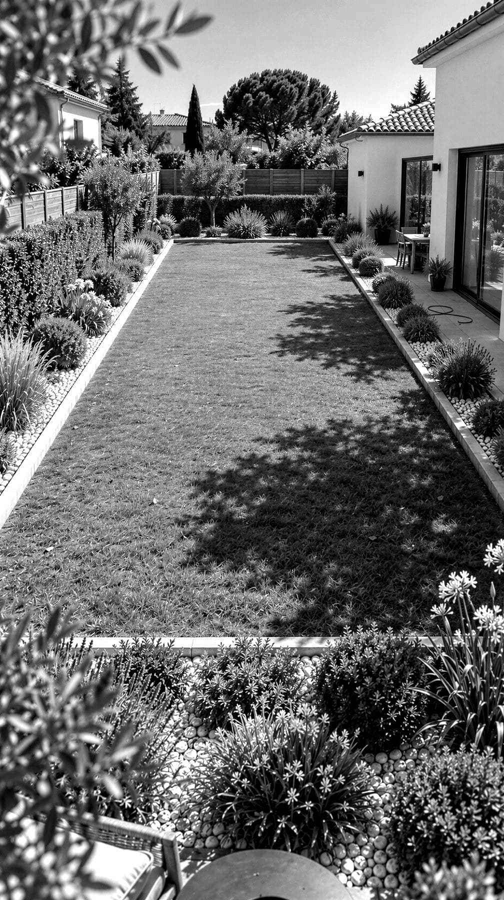 Le même jardin en noir et blanc, où la bande de galets clairs et le sommet plat de la haie forment plusieurs tracés parallèles