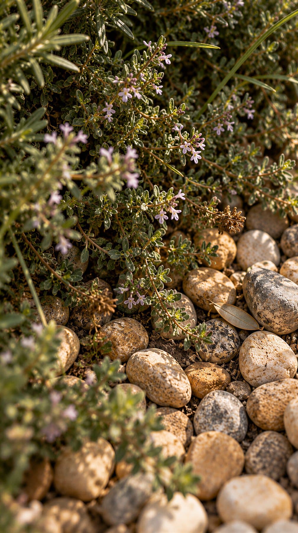 Couvre-sol fleuri qui déborde franchement sur un gravier beige, le bord du massif disparaissant sous le feuillage