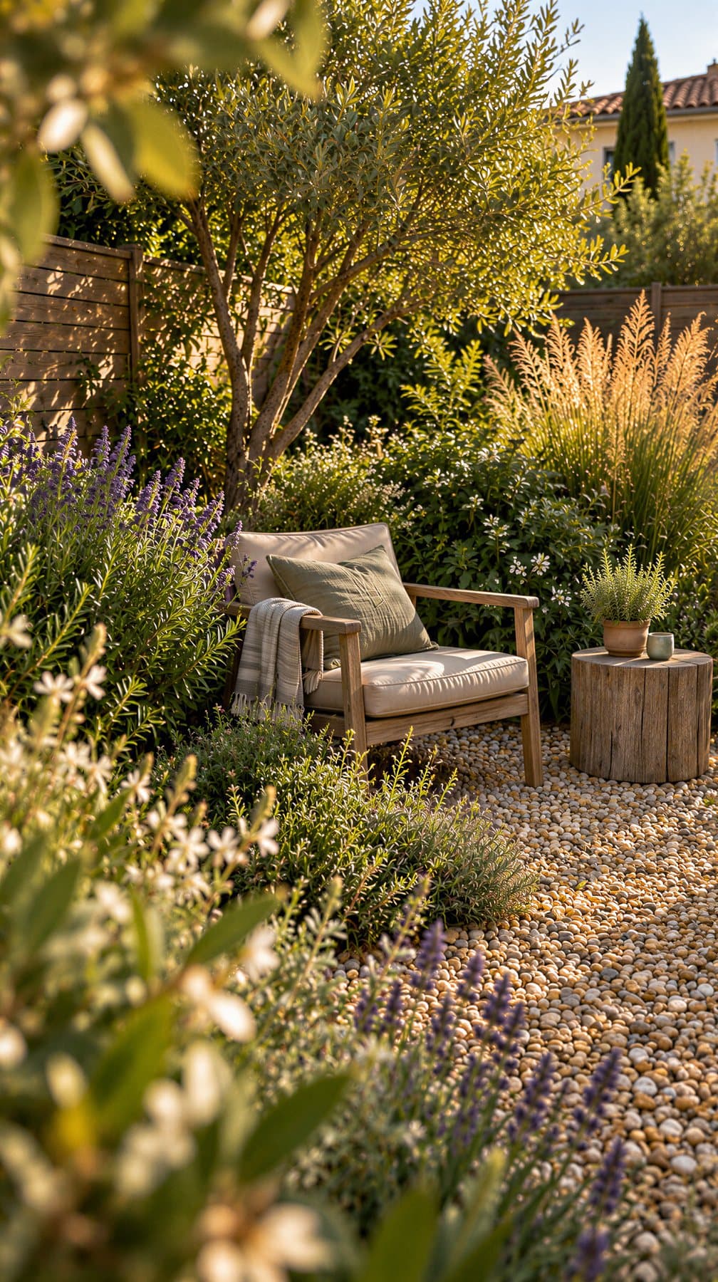 Coin de jardin en fin de journée, fauteuil bois posé sur un gravier ocre au milieu de massifs qui débordent sur le sol