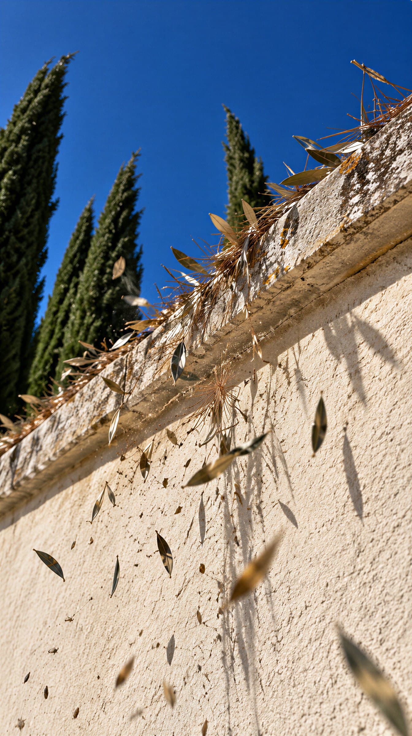 Mur enduit vu en contre-plongée sous un ciel bleu, feuilles d'olivier et graminées sèches emportées par le vent le long de sa crête, cyprès en arrière-plan