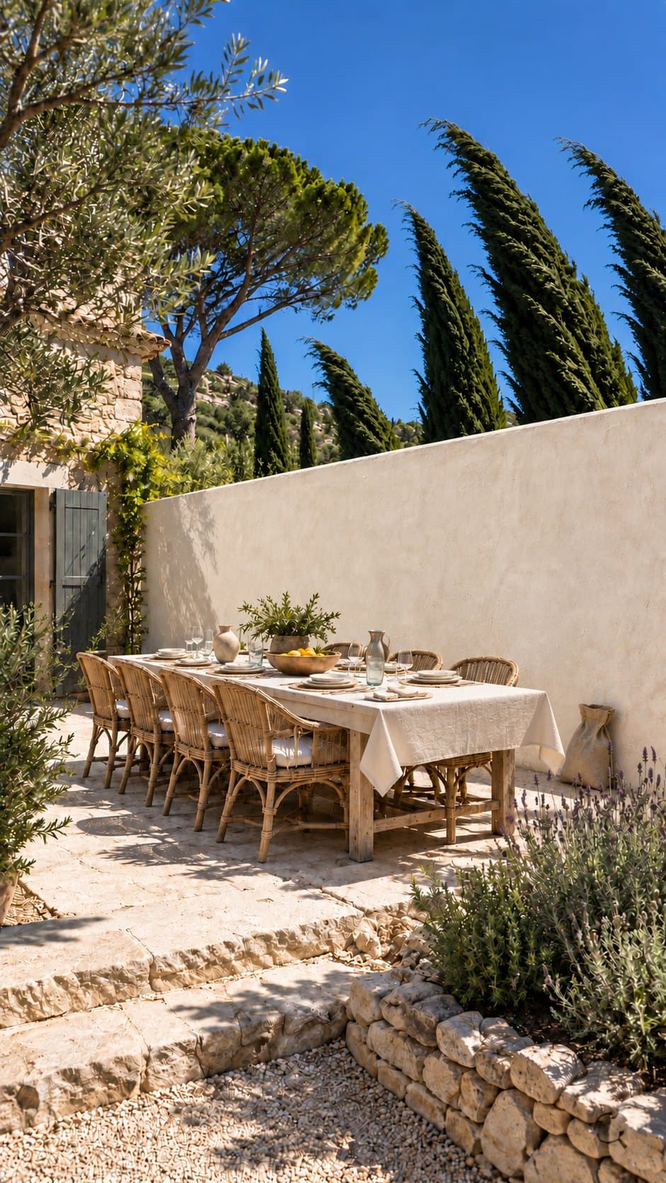Table dressée sur une terrasse en pierre, adossée à un haut mur enduit, par temps calme, cyprès et pins en arrière-plan
