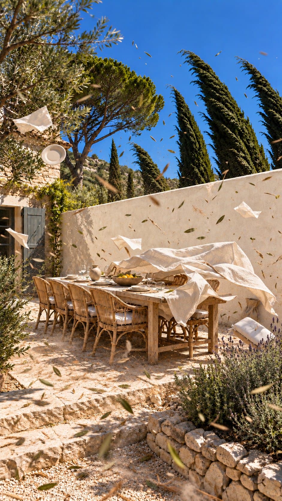 La même table un jour de vent : nappe soulevée, serviettes et feuilles qui tourbillonnent derrière le mur, cyprès couchés par les rafales