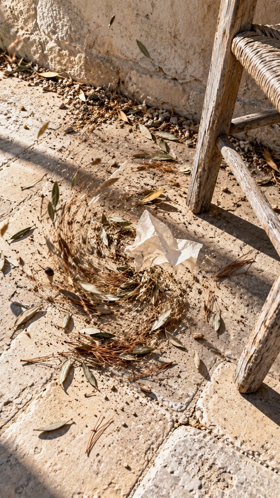 Feuilles sèches et papier froissé tournant en spirale sur un dallage au pied d'un mur, près d'une échelle en bois