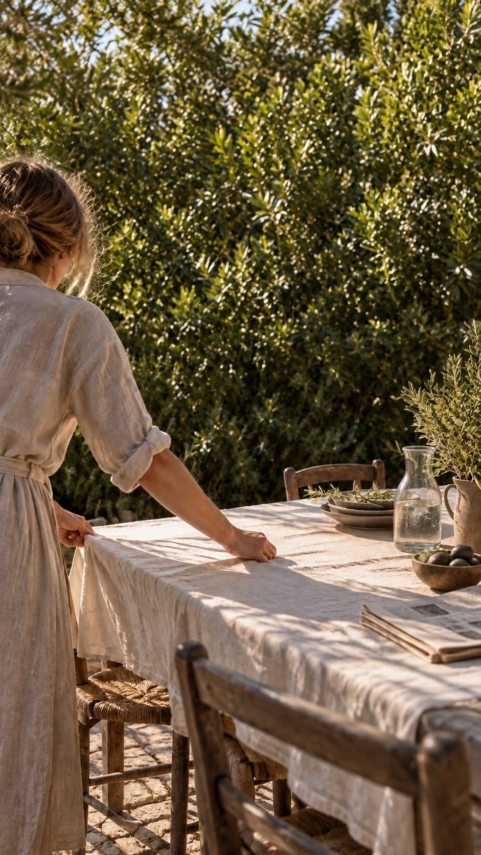 Haie dense vue à contre-jour derrière une table dressée d'une nappe en lin, qu'une personne ajuste
