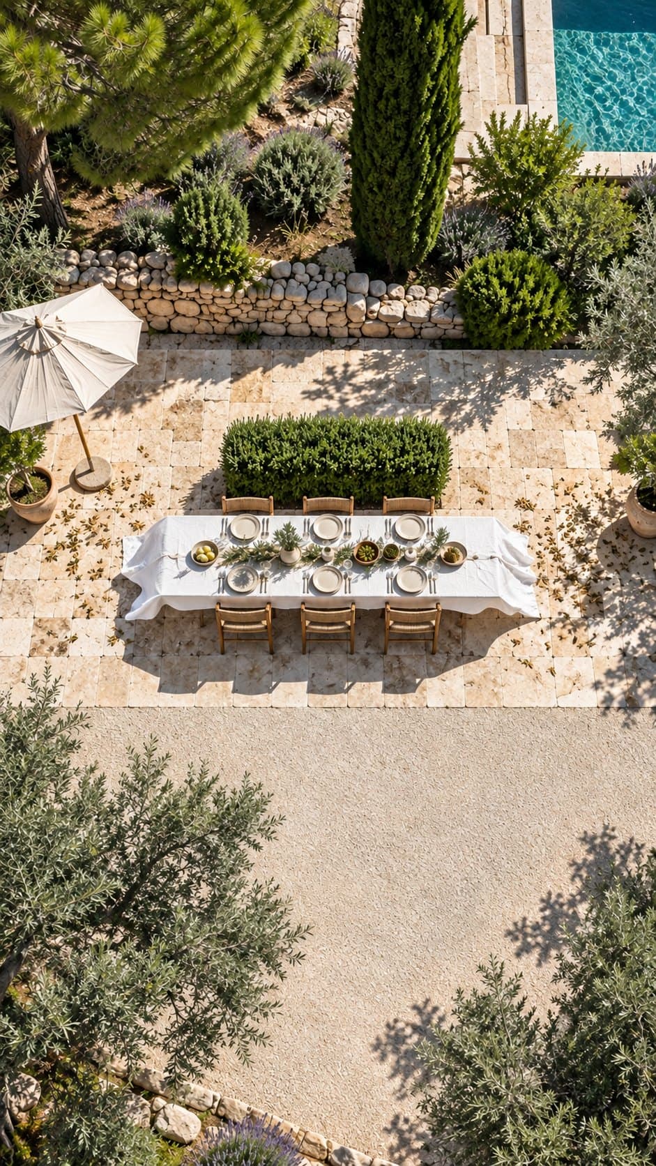 Vue aérienne d'une table dressée sur une terrasse, derrière une haie basse plus courte que la table