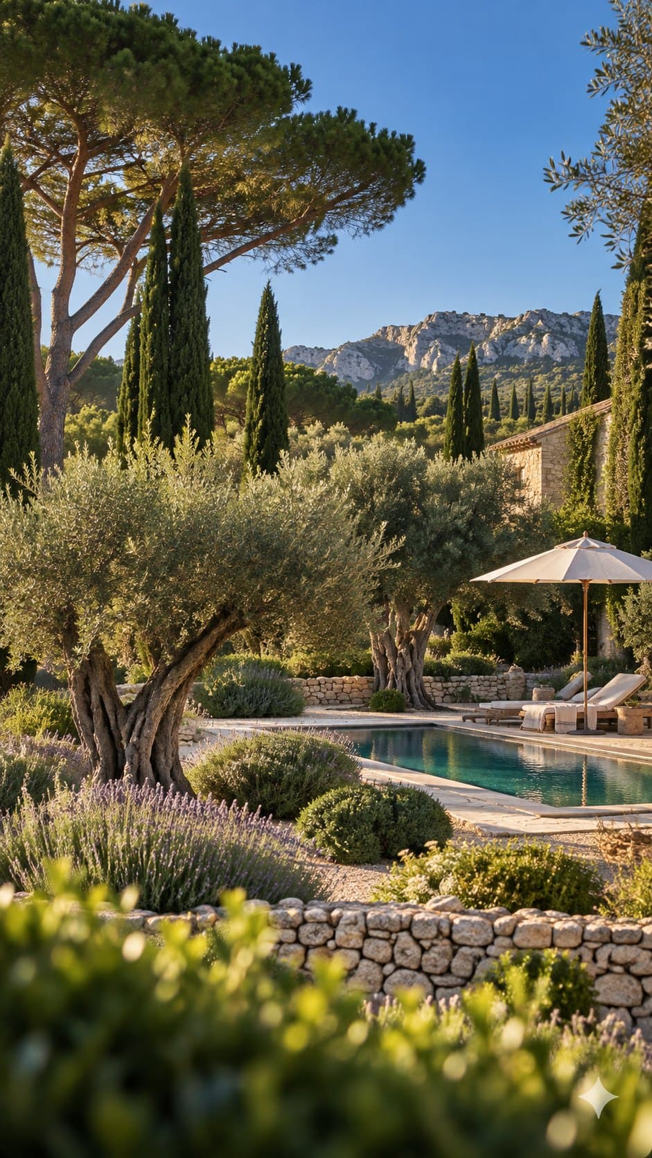 Jardin méditerranéen abrité par des cyprès et des oliviers, piscine et parasol en contrebas, reliefs calcaires à l'horizon