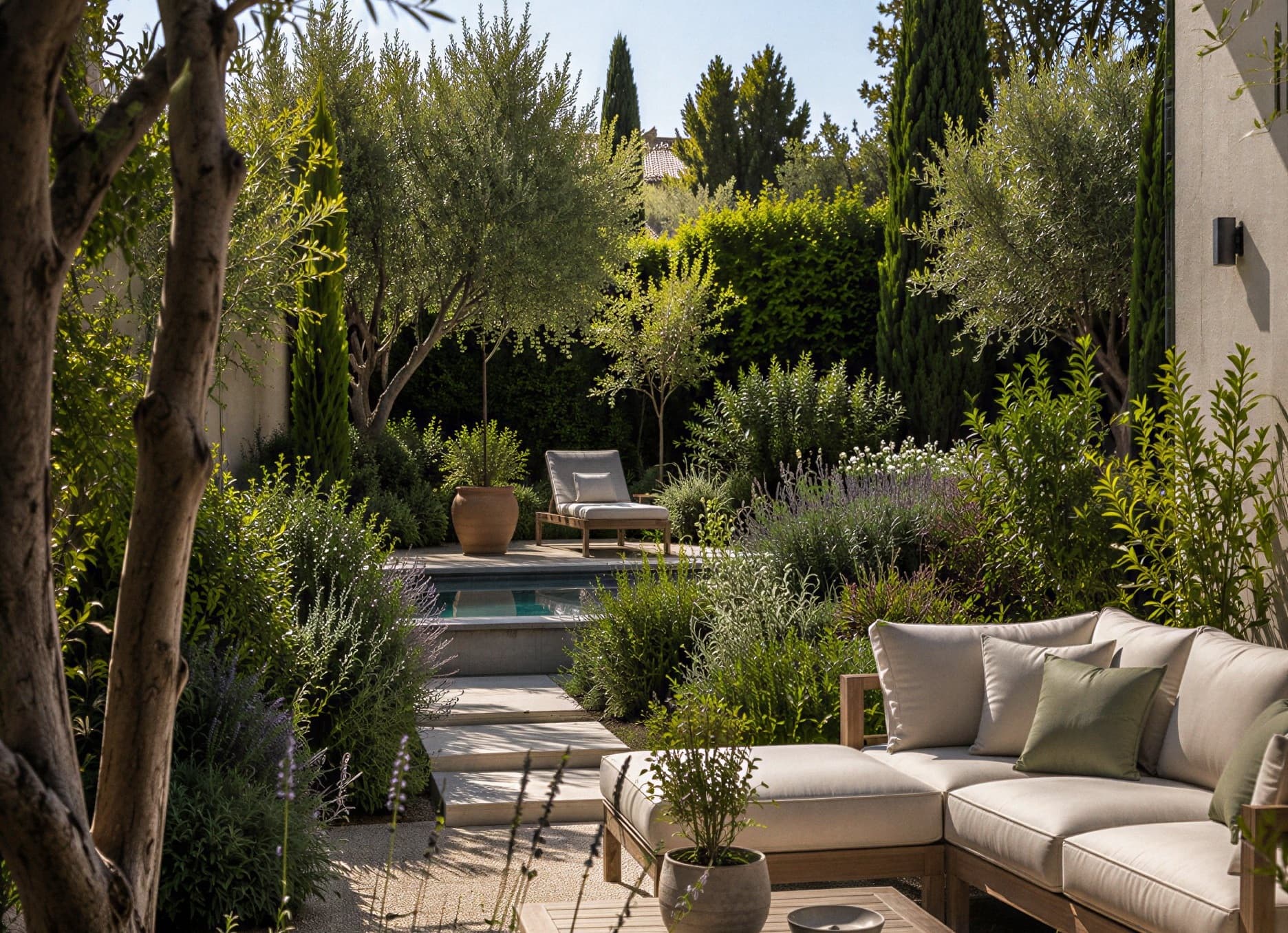 Jardin méditerranéen avec salon bas, bassin étroit et végétation étagée d'oliviers et de cyprès