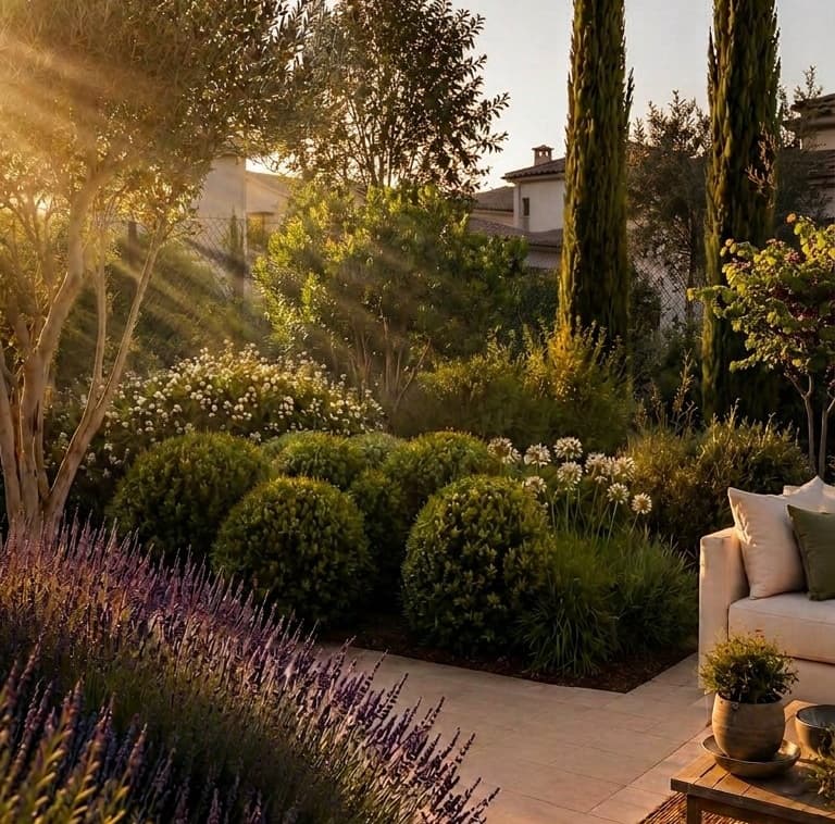 Cyprès ponctuels émergeant au-dessus de boules taillées et de lavandes, en bordure de terrasse