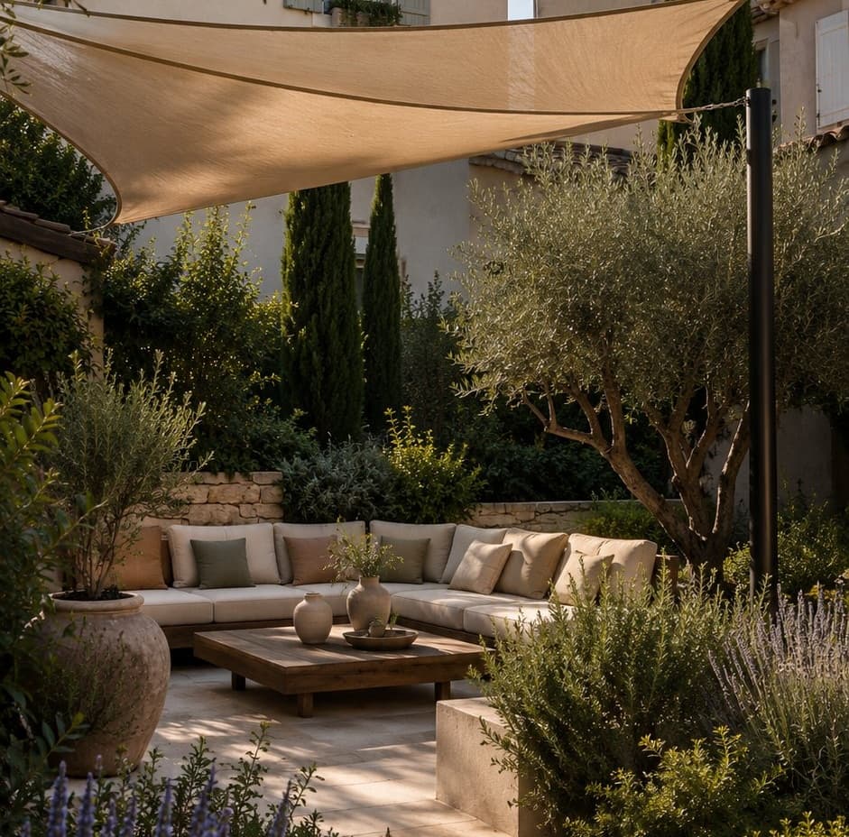 Voile d'ombrage beige tendue au-dessus d'un salon extérieur entouré d'oliviers en pot