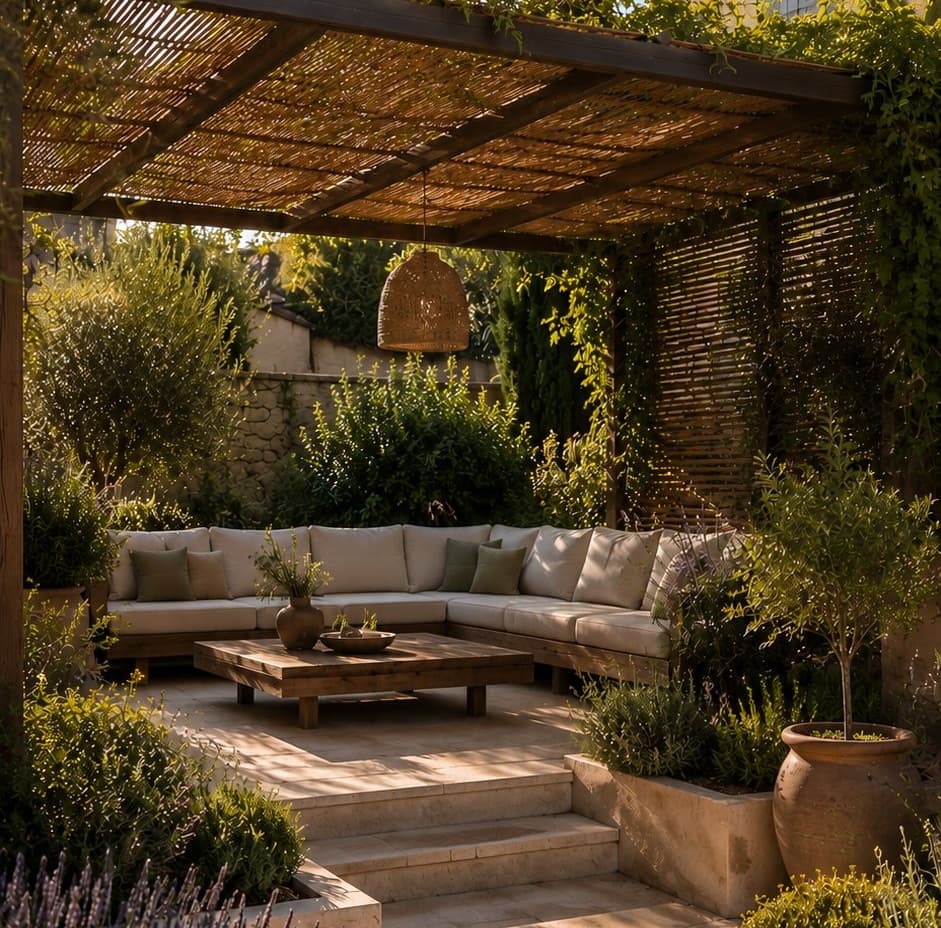 Pergola bois couverte de canisses et de grimpantes abritant un grand salon d'angle