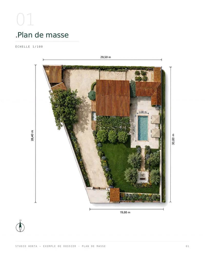 Plan masse coté d'un jardin avec piscine, terrasse et allées, à l'échelle 1/100