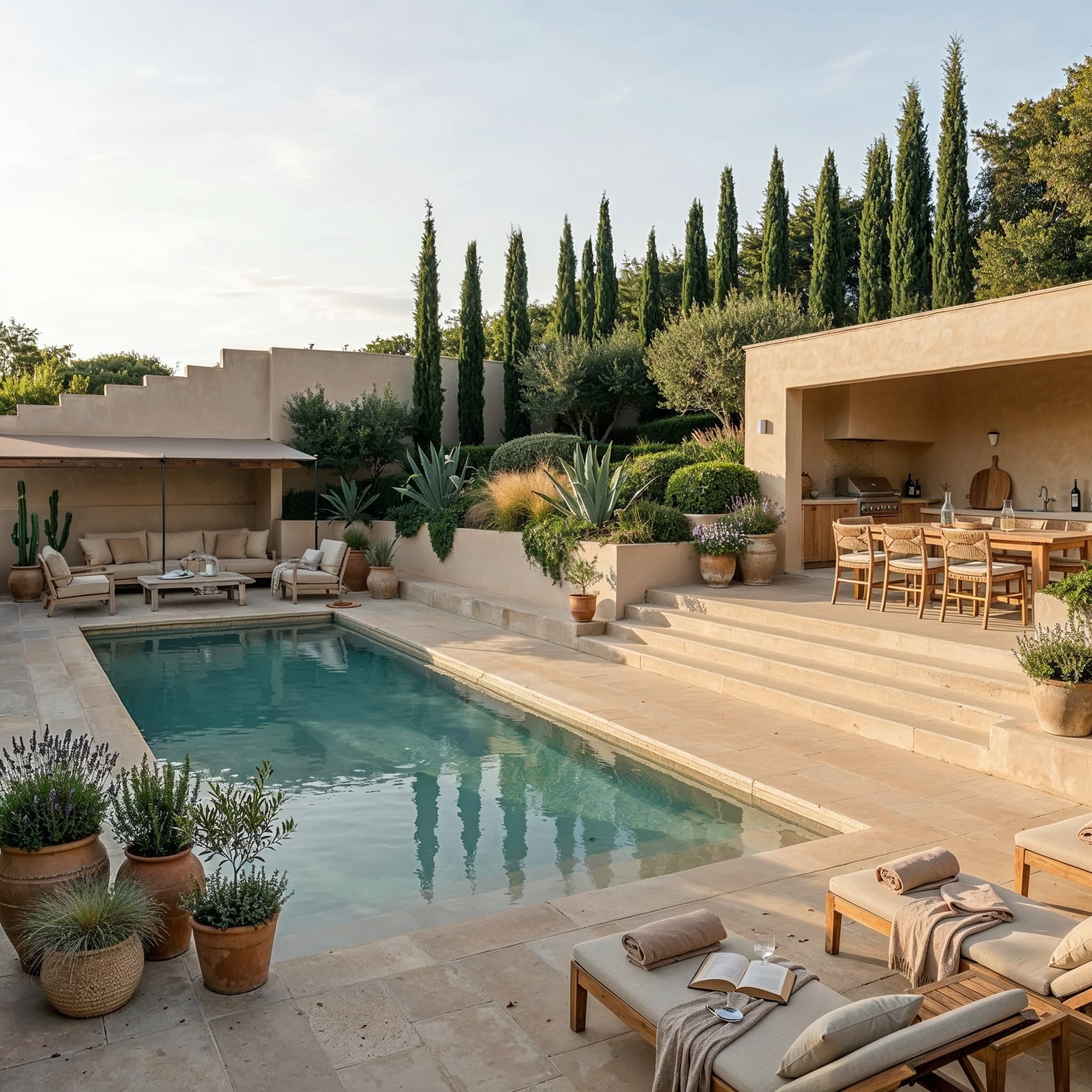 Vue d'ensemble de la piscine, du salon extérieur et du coin repas, cyprès en toile de fond.