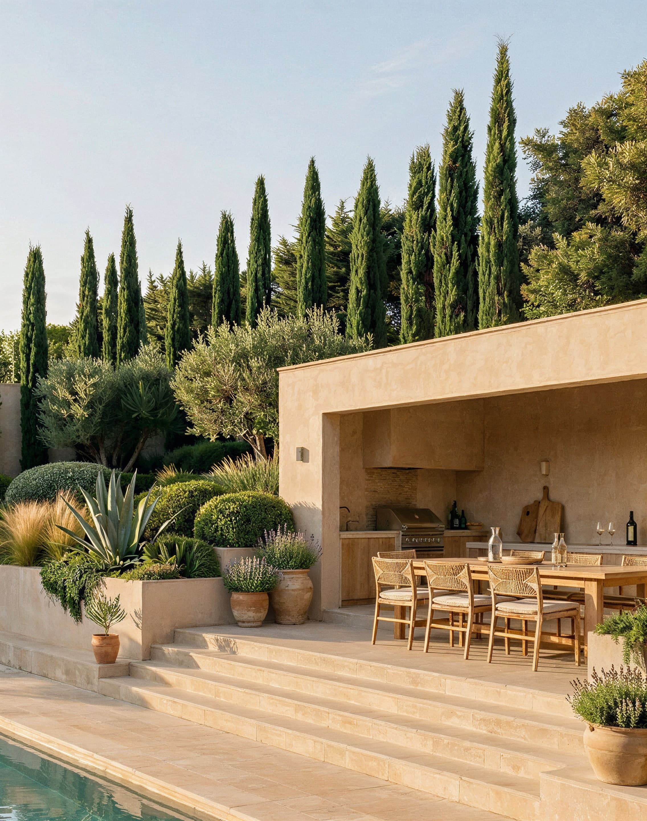 Pool house en pierre claire avec cuisine extérieure et table à dîner, haie de cyprès en arrière-plan.