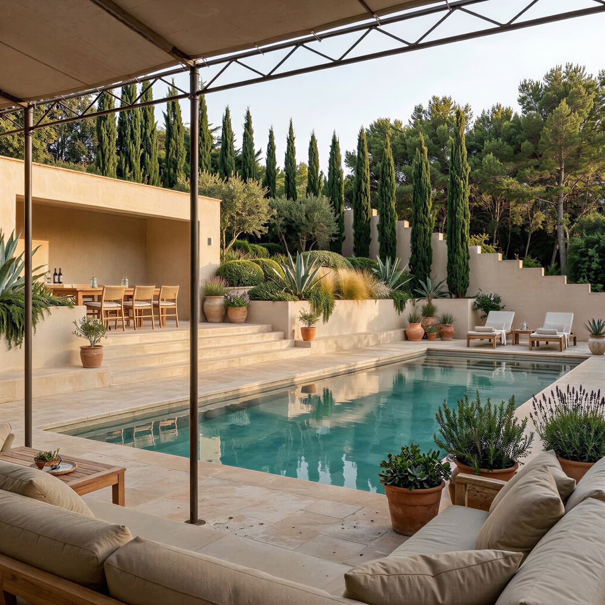 Vue depuis la pergola vers la piscine, le pool house et les massifs de graminées.