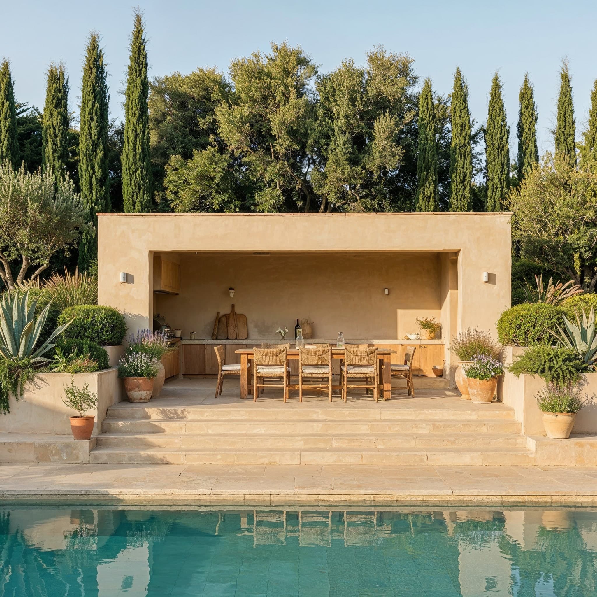 Façade frontale du pool house avec cuisine extérieure et grande table à dîner.