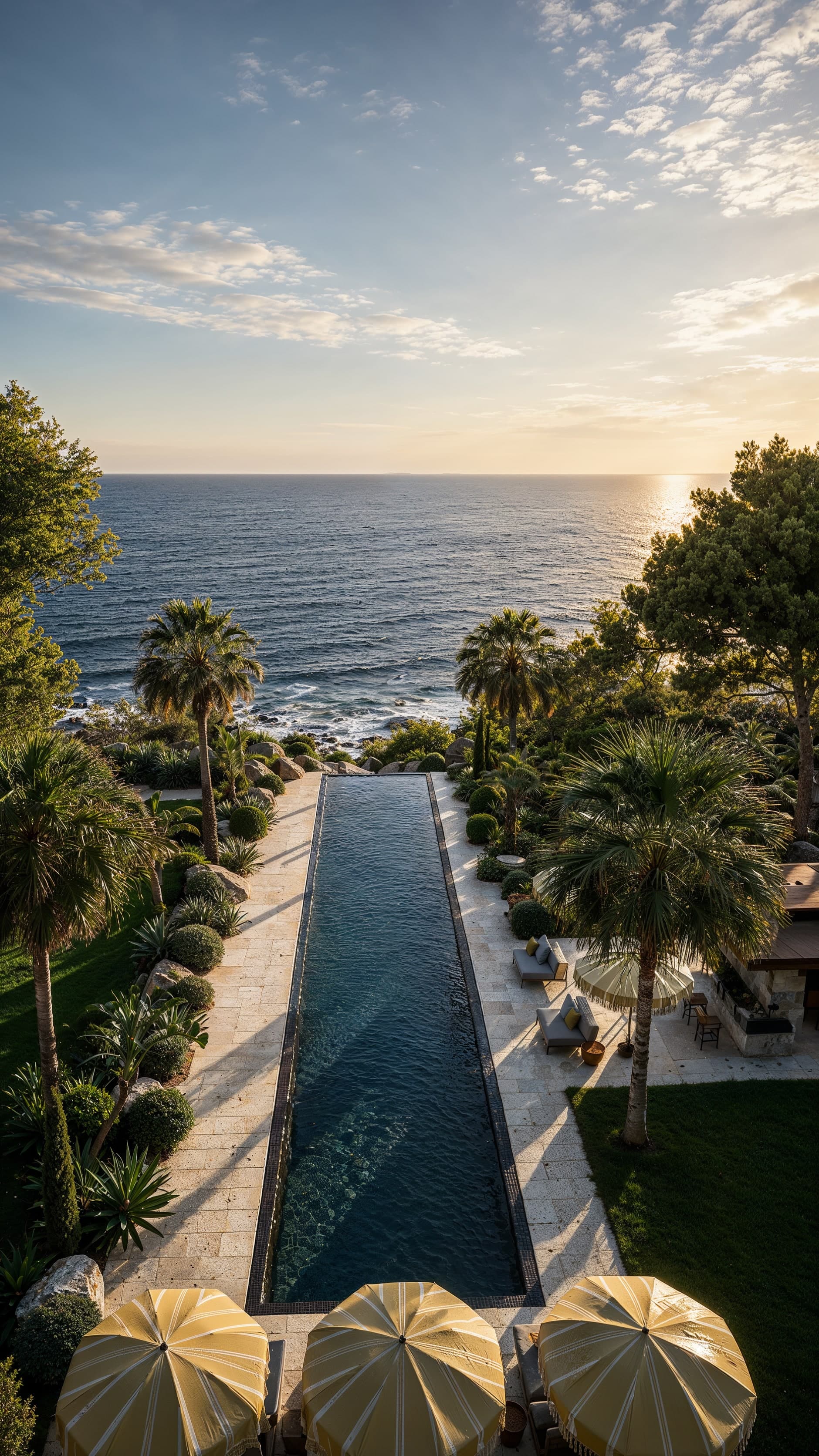 Vue aérienne de la piscine à débordement qui prolonge visuellement l'horizon marin.