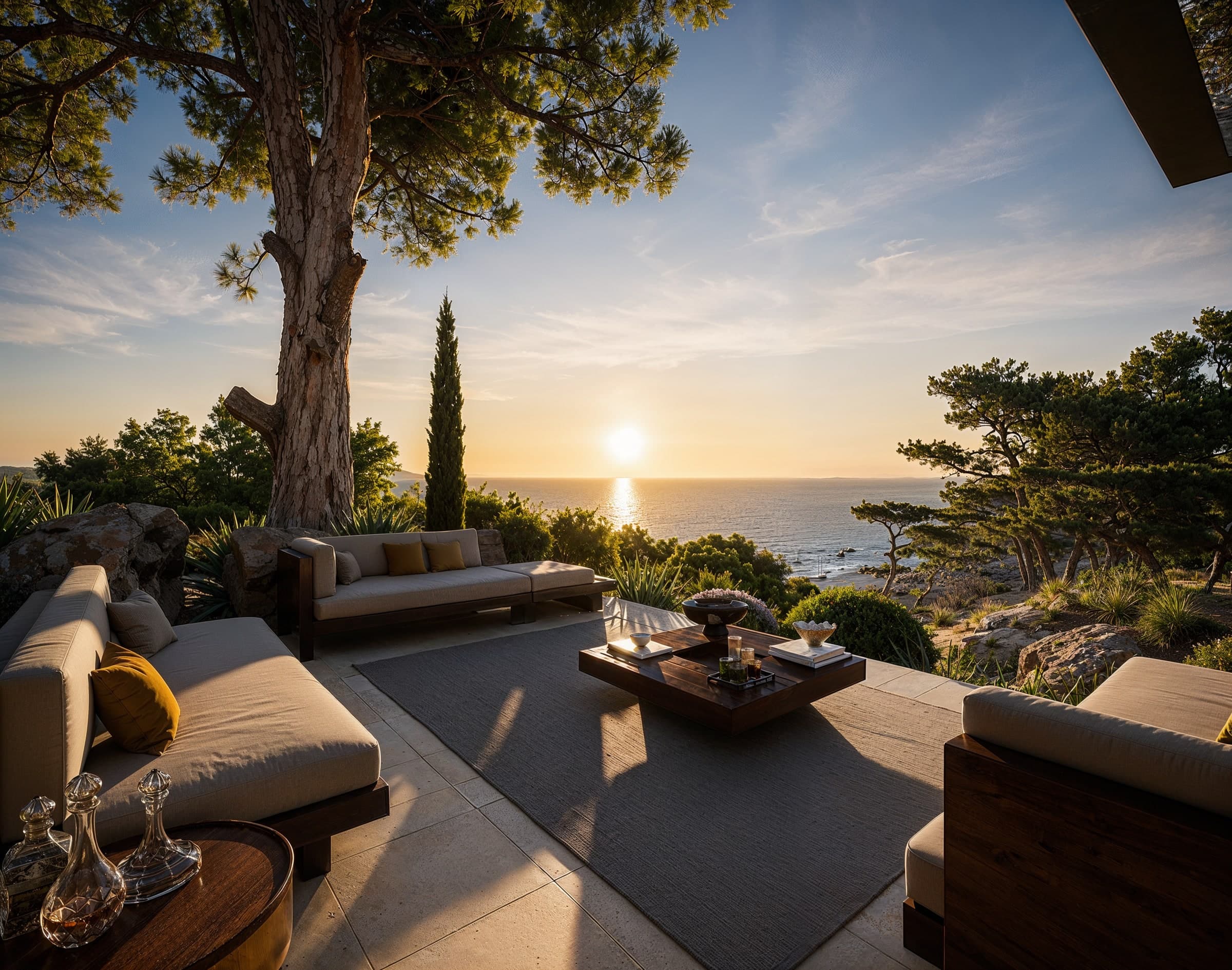 Coin lounge au coucher de soleil, vue dégagée sur la mer.