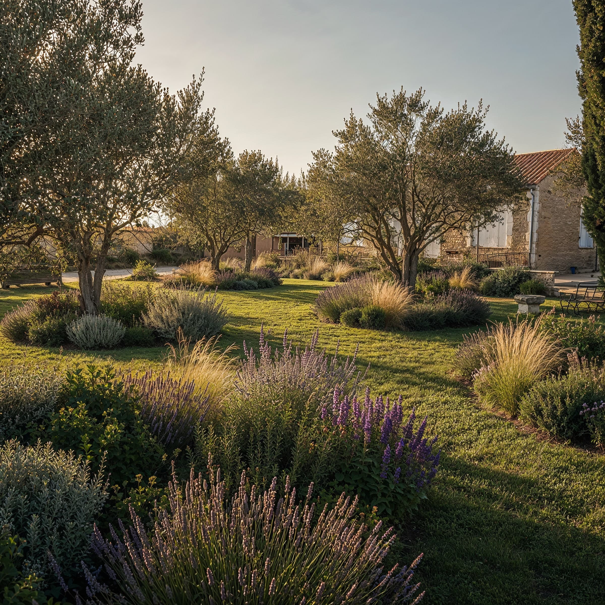 Jardin en prairie libre avec graminées, lavandes et oliviers devant la maison.