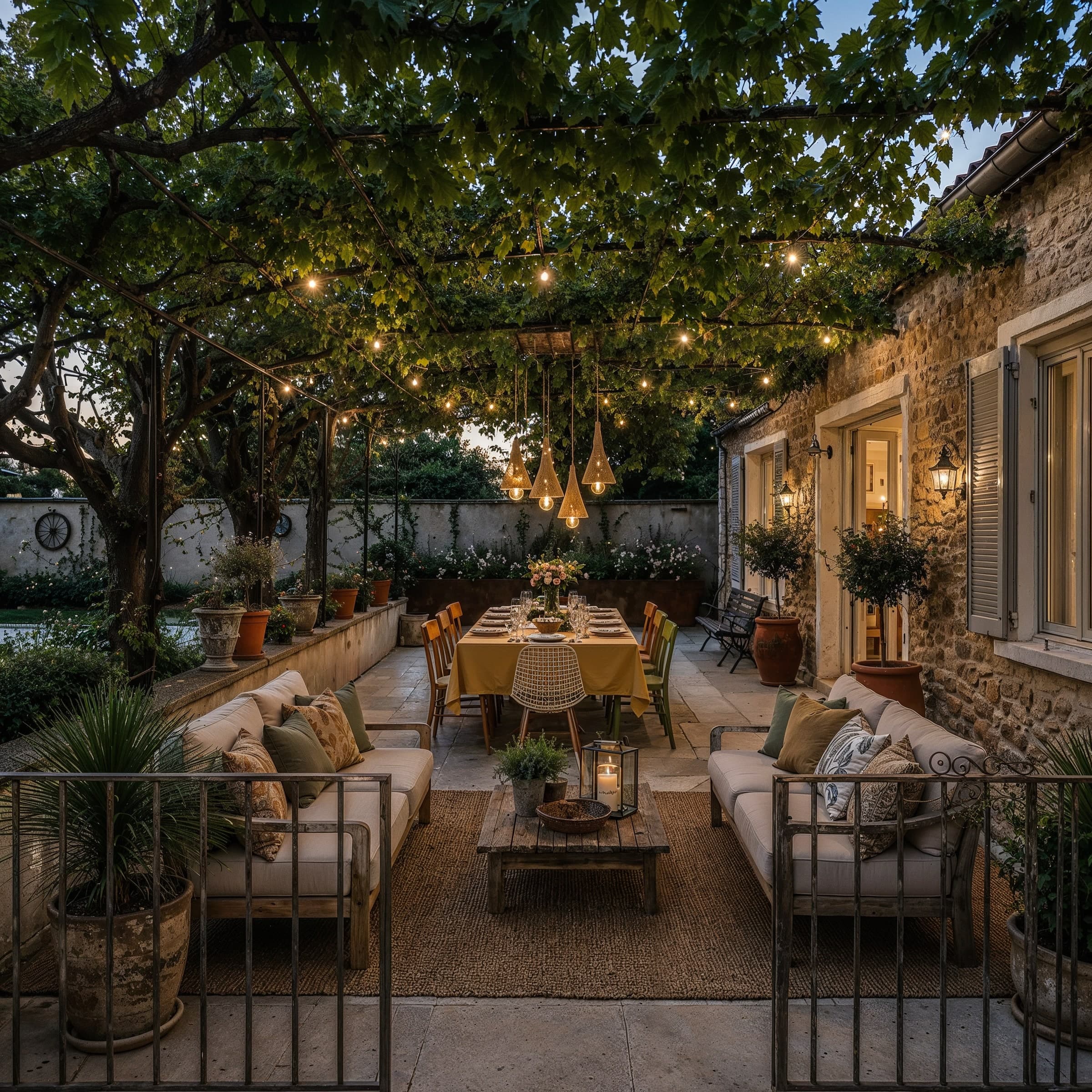 Terrasse à dîner sous tonnelle, éclairée à la tombée du jour.
