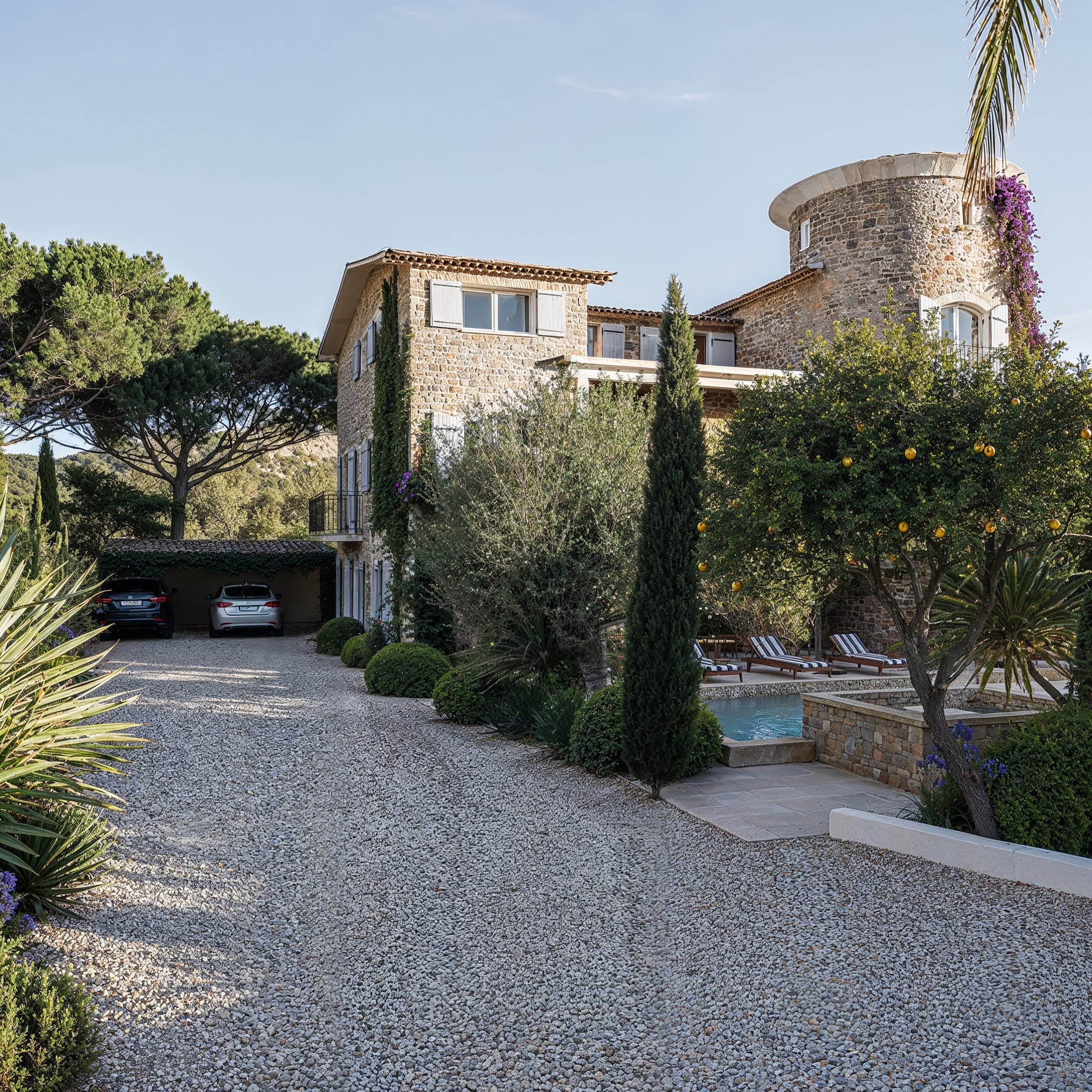 Vue d'ensemble de la bastide en pierre avec sa tourelle, allée gravillonnée et piscine en contrebas.