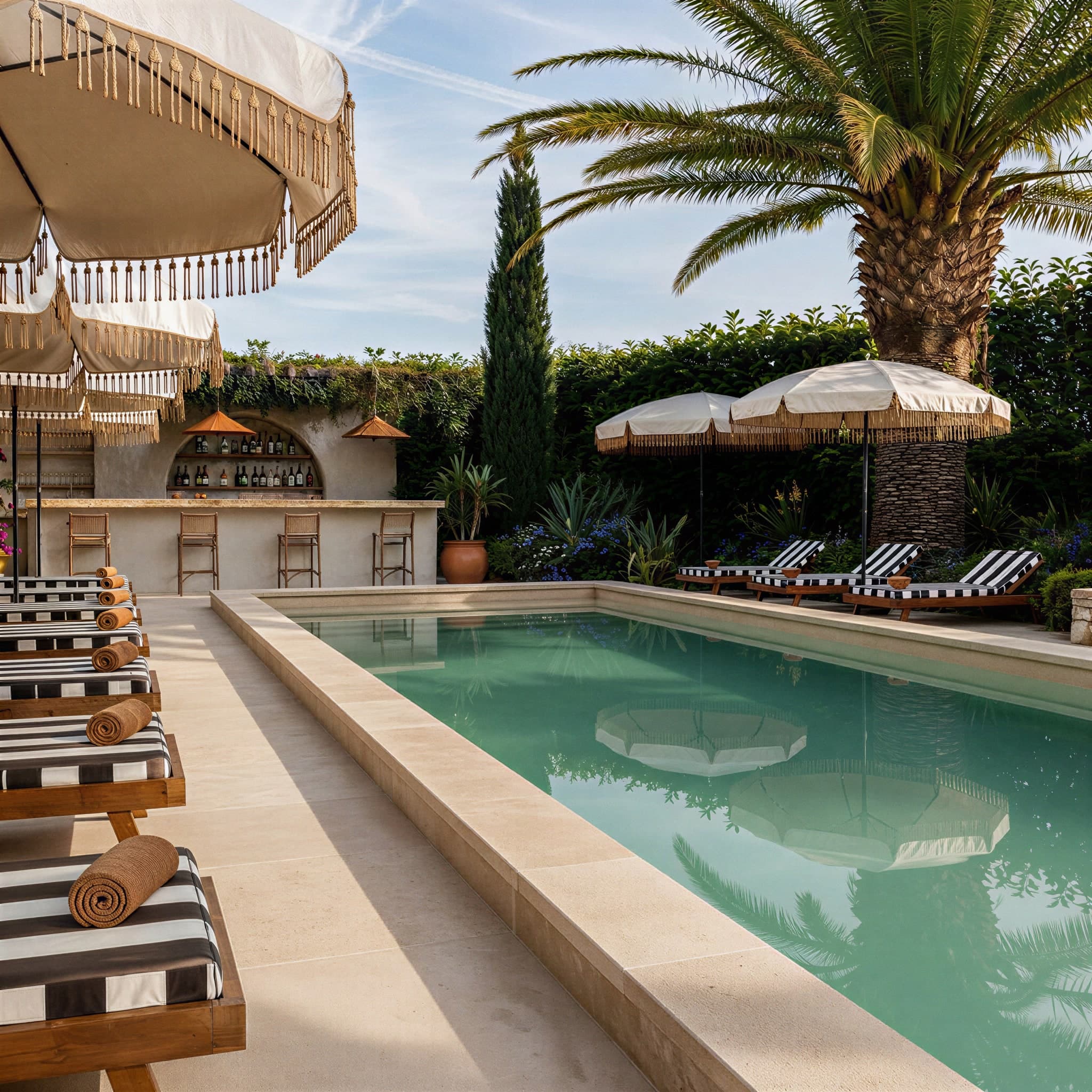 Piscine bordée de palmiers, bain de soleil et parasols à franges, bar extérieur en arrière-plan.