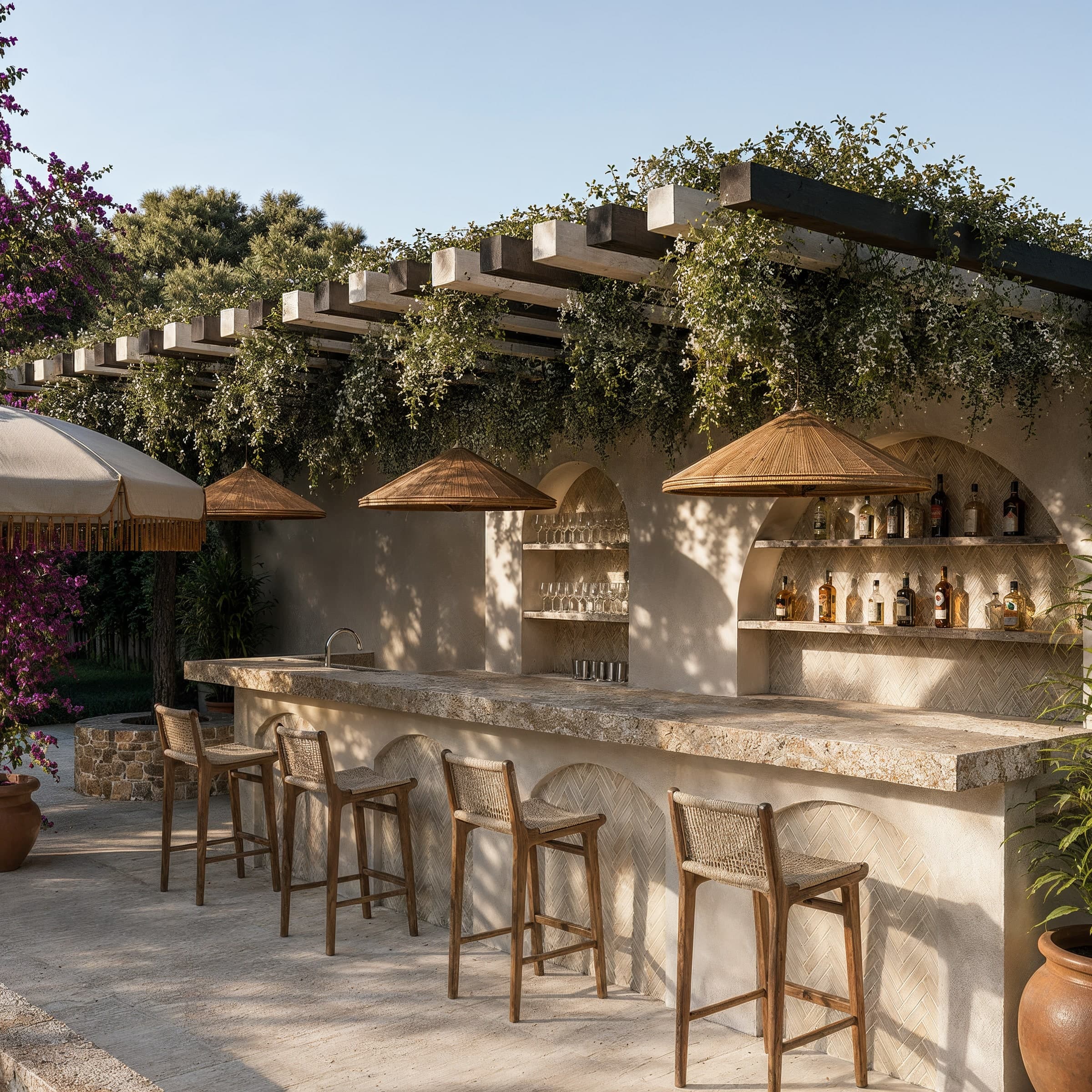 Bar extérieur en pierre sous une pergola végétalisée, tabourets tressés et étagères à bouteilles.