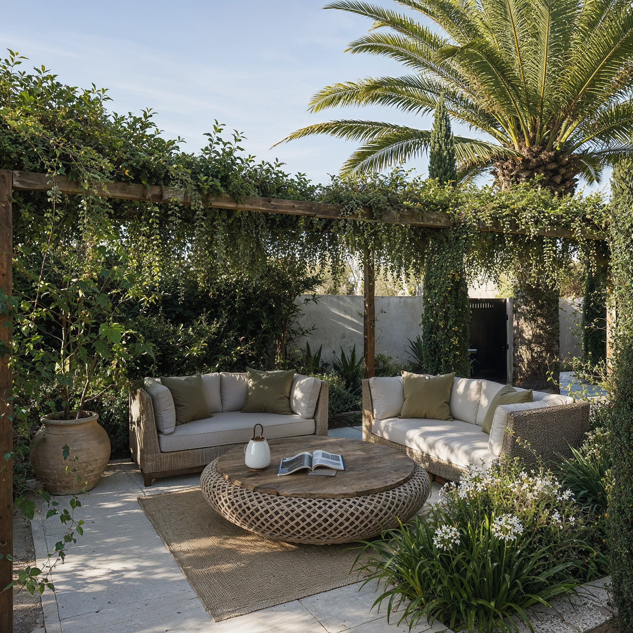 Coin salon extérieur sous pergola fleurie, canapés tressés autour d'une table basse ronde.