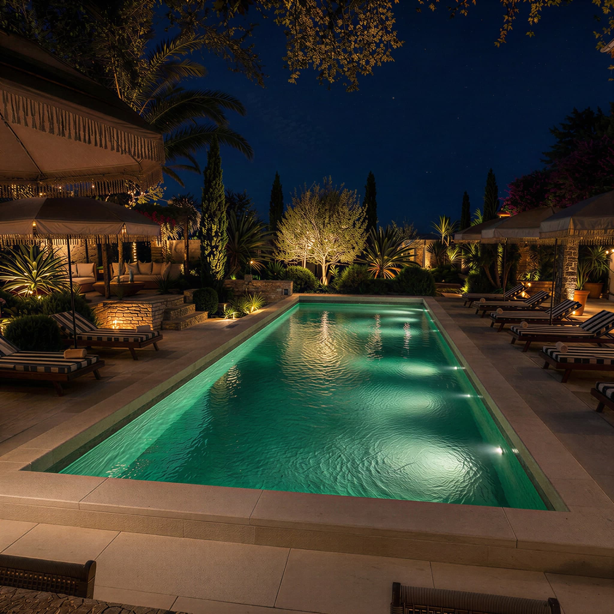 Piscine et jardin éclairés à la tombée de la nuit, ambiance chaleureuse aux lumières douces.